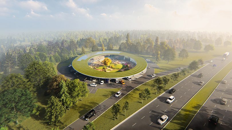 Overhead render of a circular charging station, with cars parked on the outside, and guests are invited into an inner courtyard in the middle. 