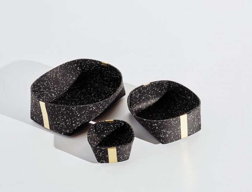 Rubber and Brass Baskets in Speckled Black by Slash Objects