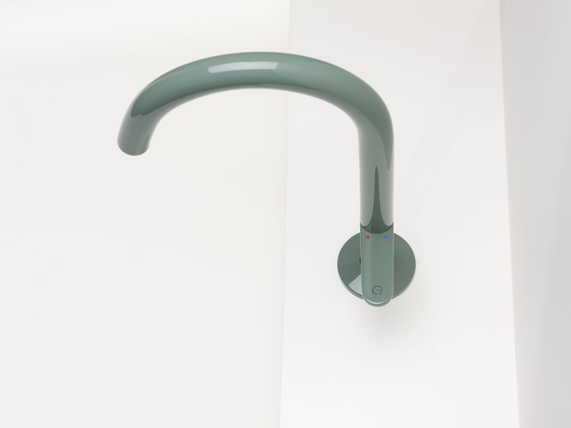 overhead view of grey green sink faucet