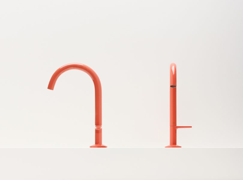 side and front views of coral colored sink faucet