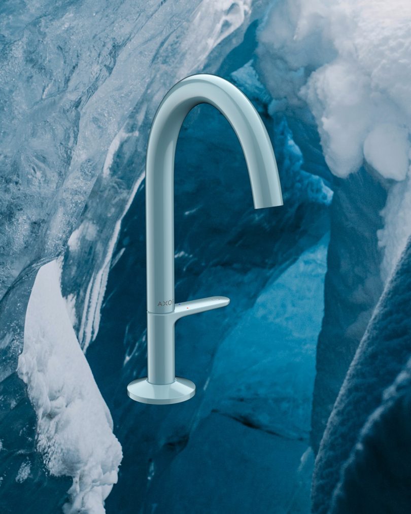 light blue grey sink faucet superimposed over image of an iceberg