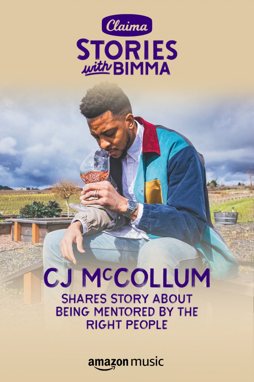 graphic teaser for Claima Stories with Bimma Williams featuring CJ McCollum