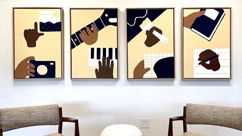 four pieces of art featuring musical instruments and brown-skinned hands hanging on a white wall