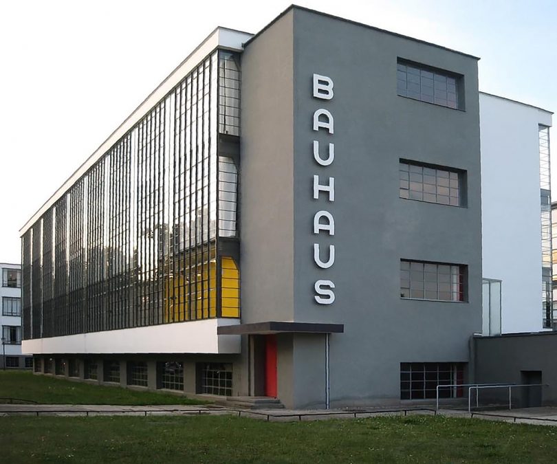 modern grey building with the word BAUHAUS vertically on one side