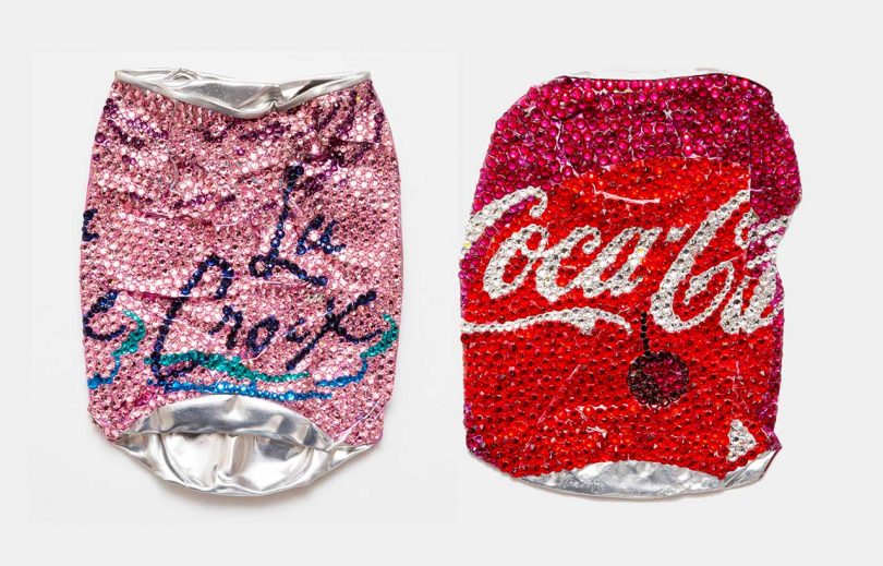 flattened cans of La Croix and Coke adorned with crystals 
