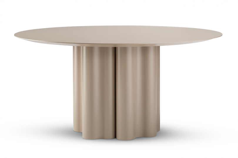 nude colored dining table with ruffled base on white background