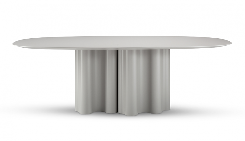 grey dining table with ruffled base on white background