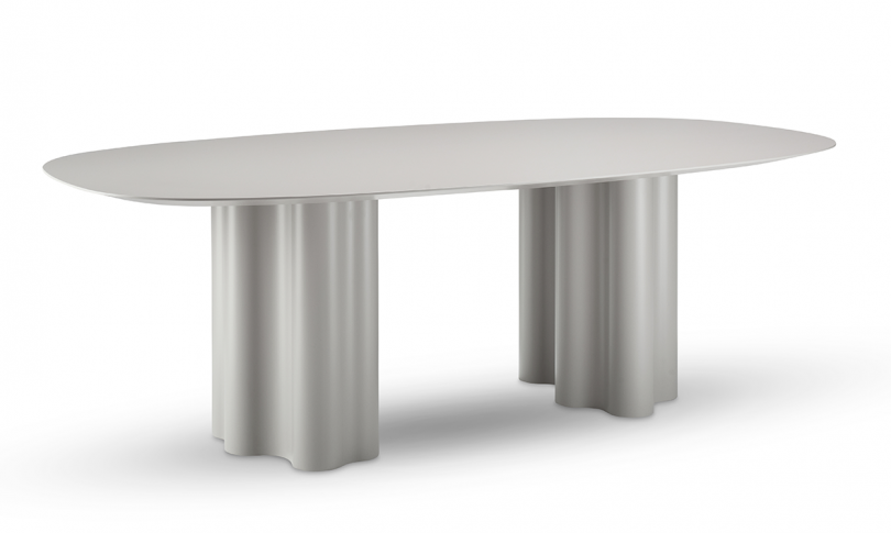 grey dining table with ruffled double base on white background