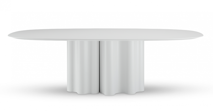 white dining table with ruffled base on white background