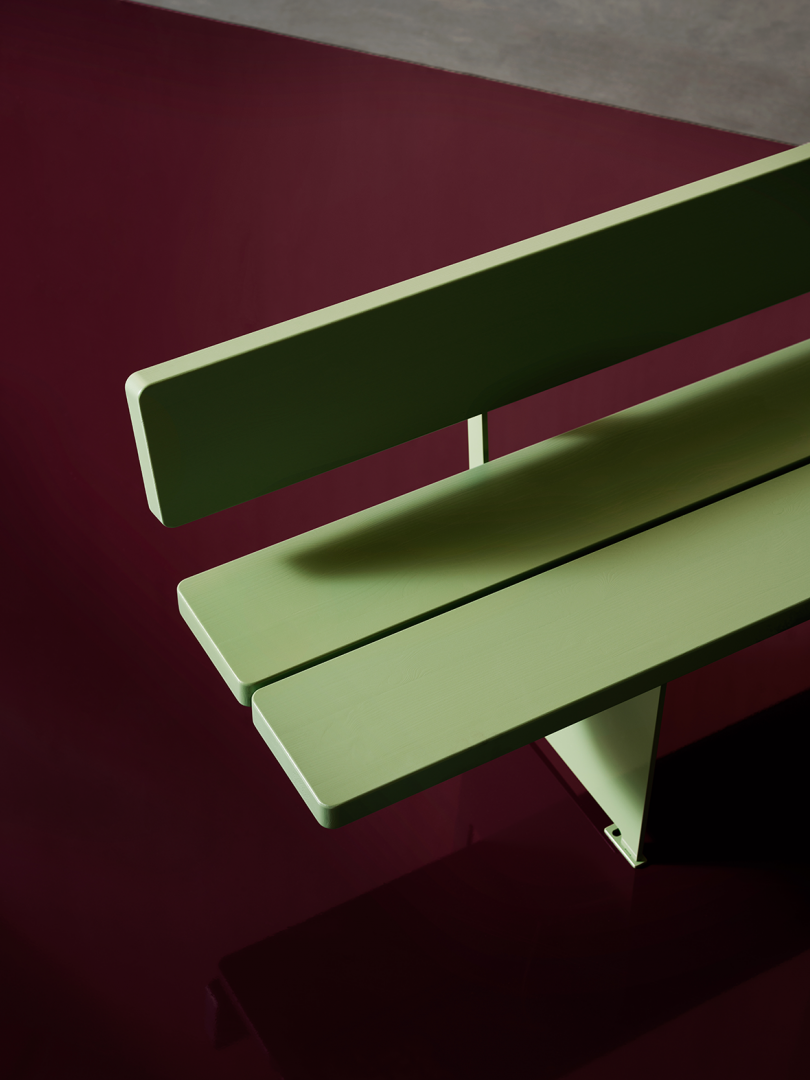 corner detail of light green bench