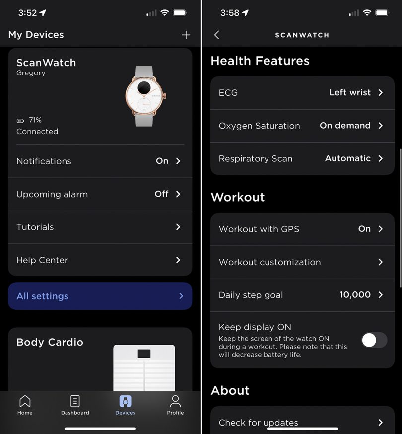 Two screenshots from Withings Health Mate app displaying varying monitoring options.