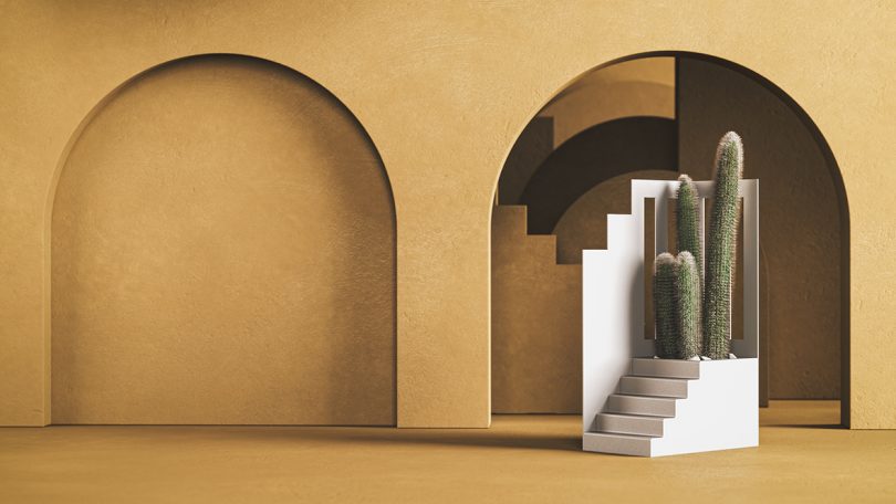 white architectural planter in golden arches
