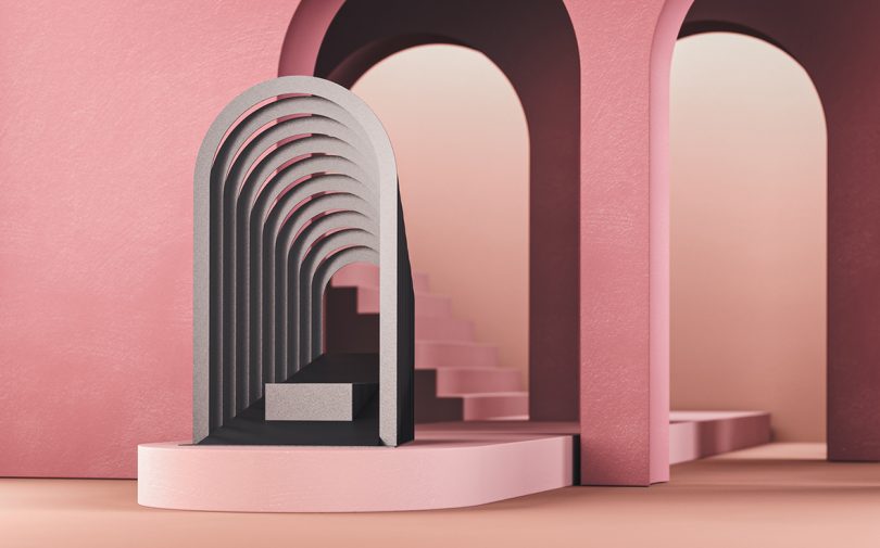 grey architectural planter on pink plinths