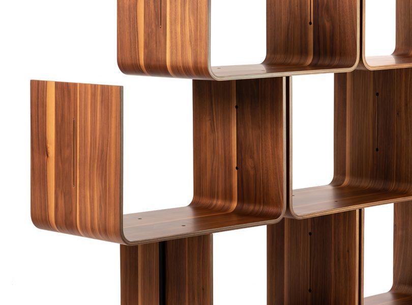 detail of cubicle-like shelving on white background