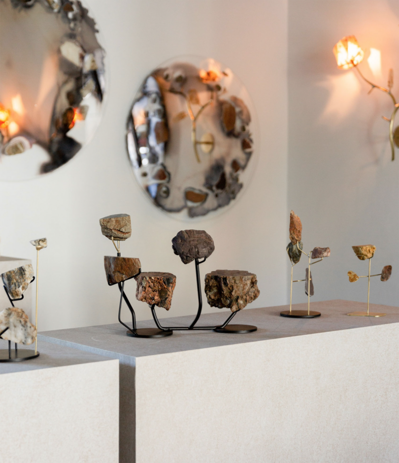 minerals and mirrors on display in and art gallery
