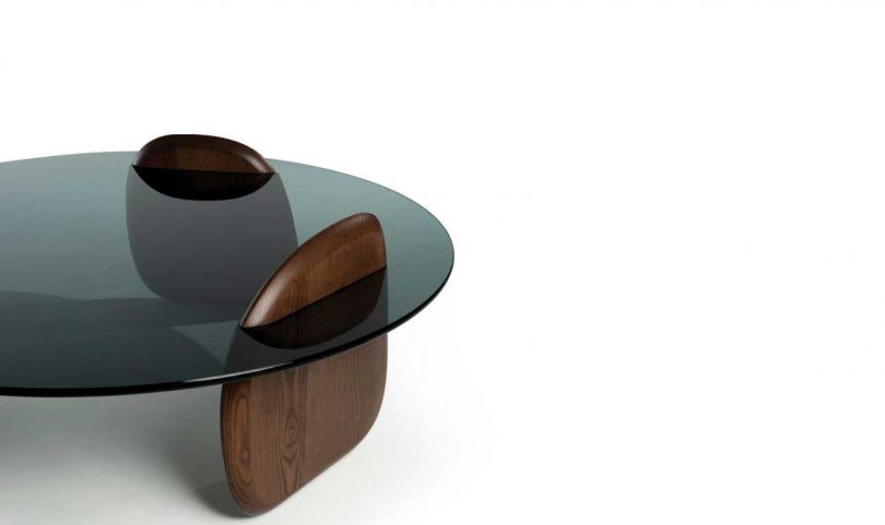 modern squircle wood and glass cocktail table