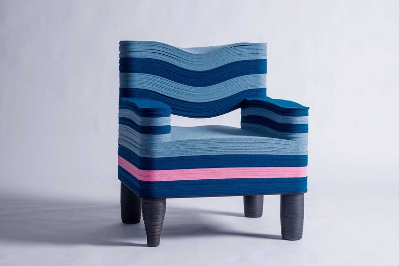 blue, navy, and pink felt lounge chair