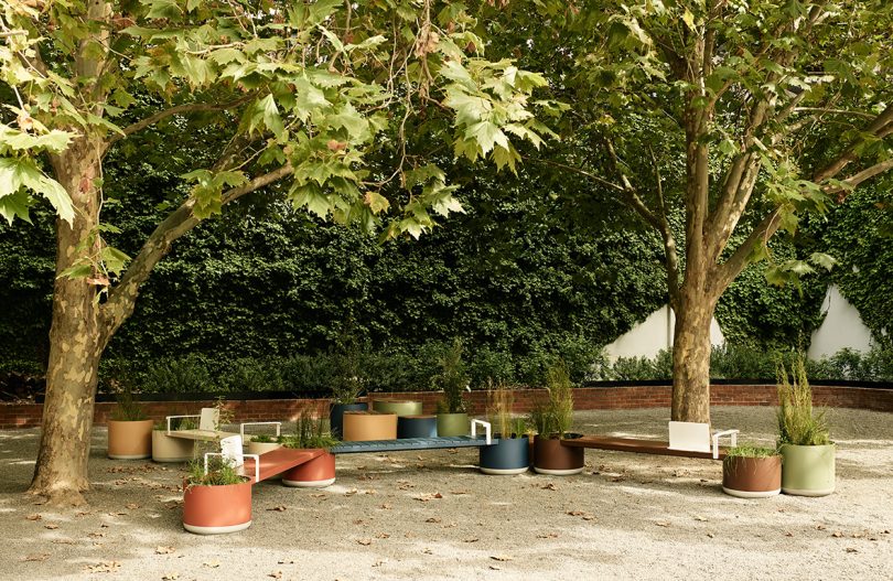 outdoor space full of planter and bench hybrids in vibrant colors