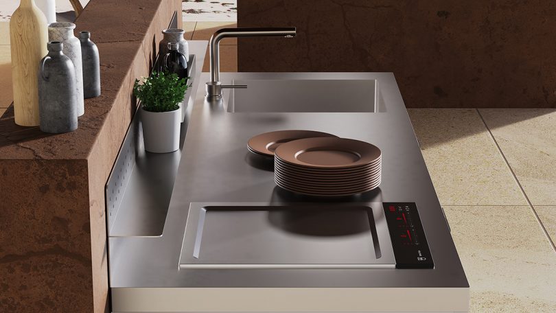 Moderna superficie de trabajo de cocina al aire libre con platos apilados