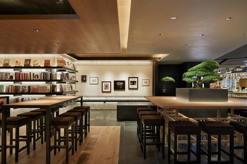 bookstore interior with tables and stools