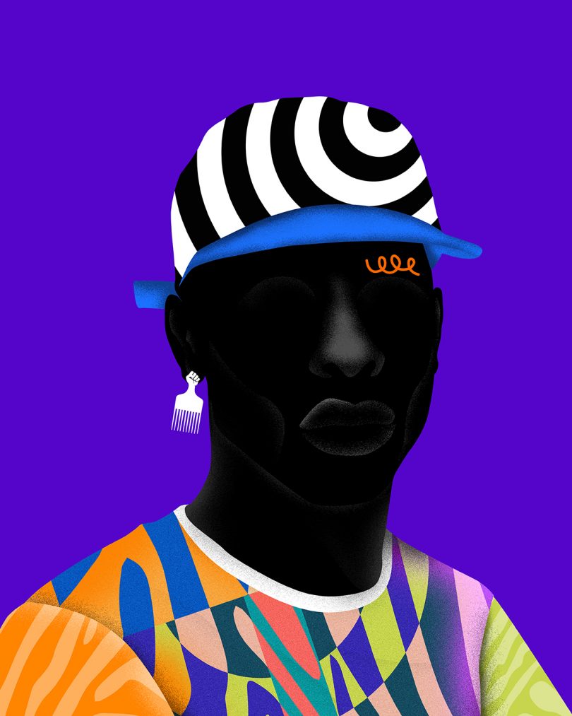 brightly colored illustration of a person wearing a hat and an earring