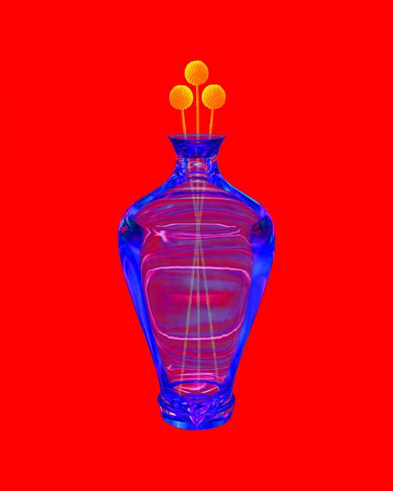 blue vase illustrated on a red background