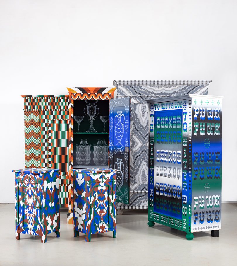 group collection of various sized cabinets in brightly painted patterns