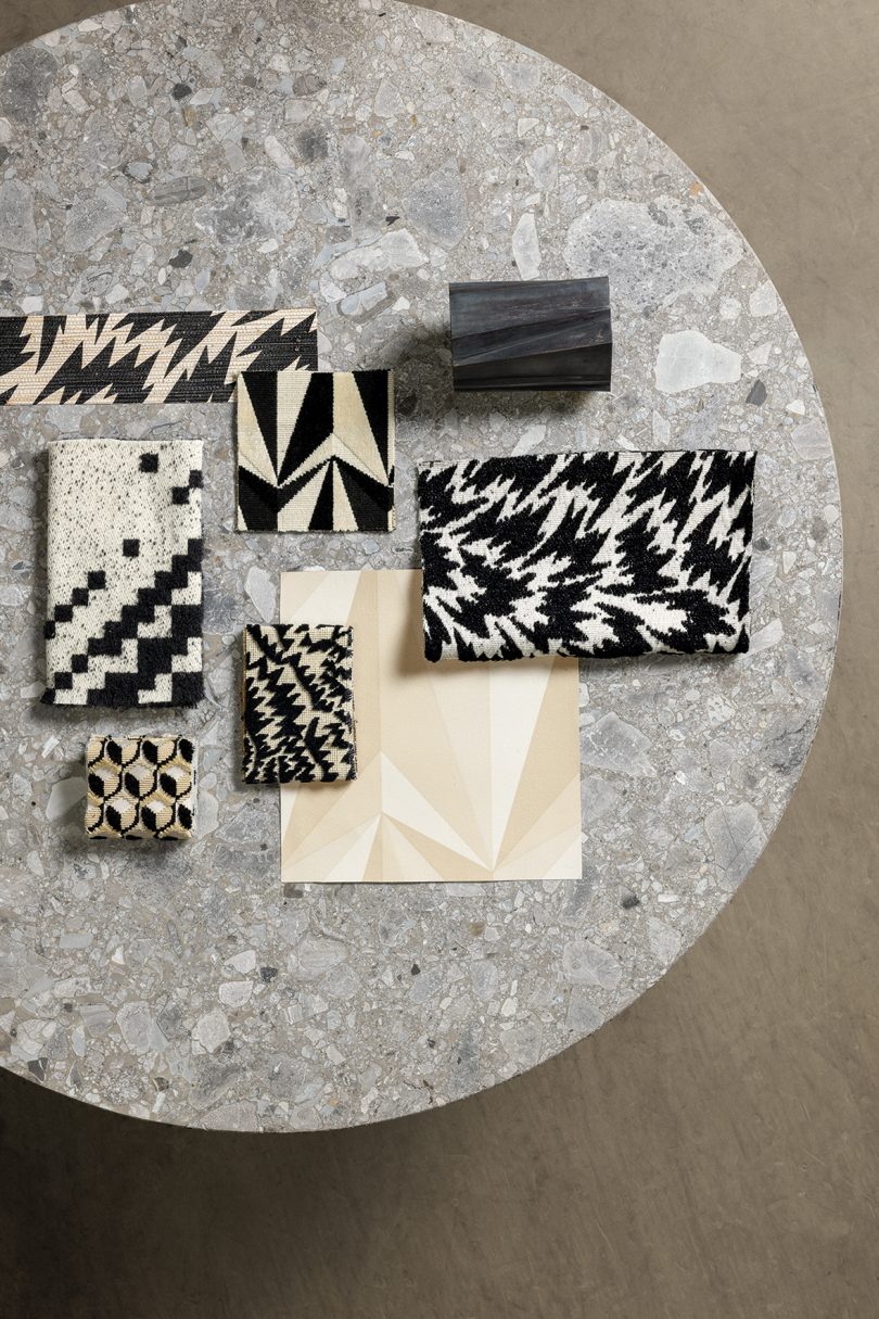 flat lay of objects featuring black and white patterns