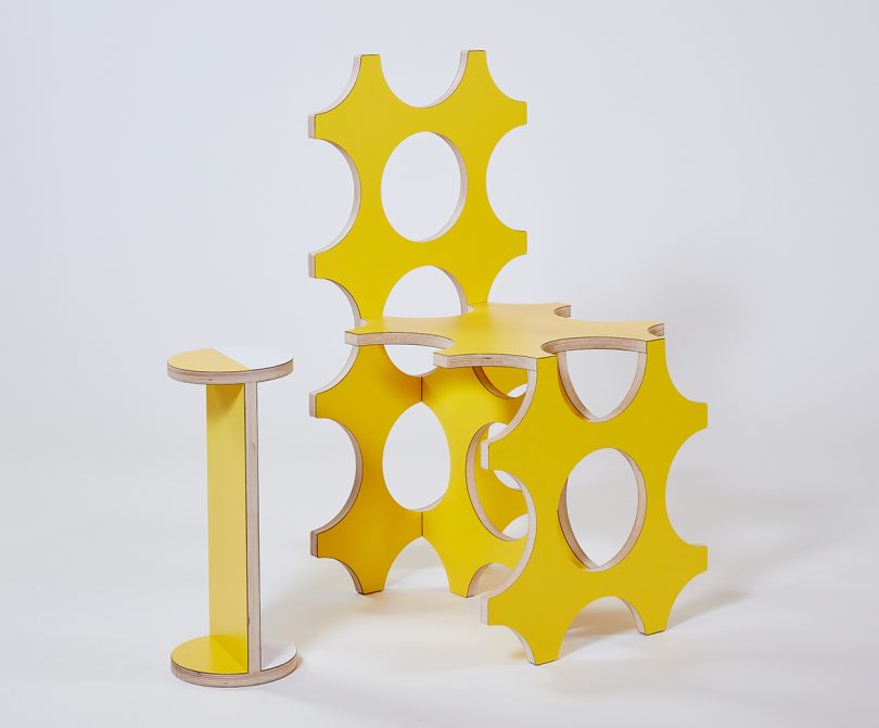 yellow plywood chair and side table