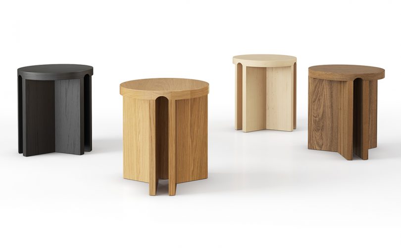 four accent tables in different wood tones on white background