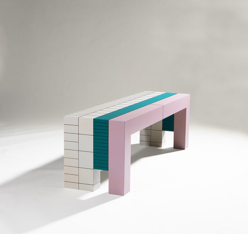modern white, teal, and lilac bench