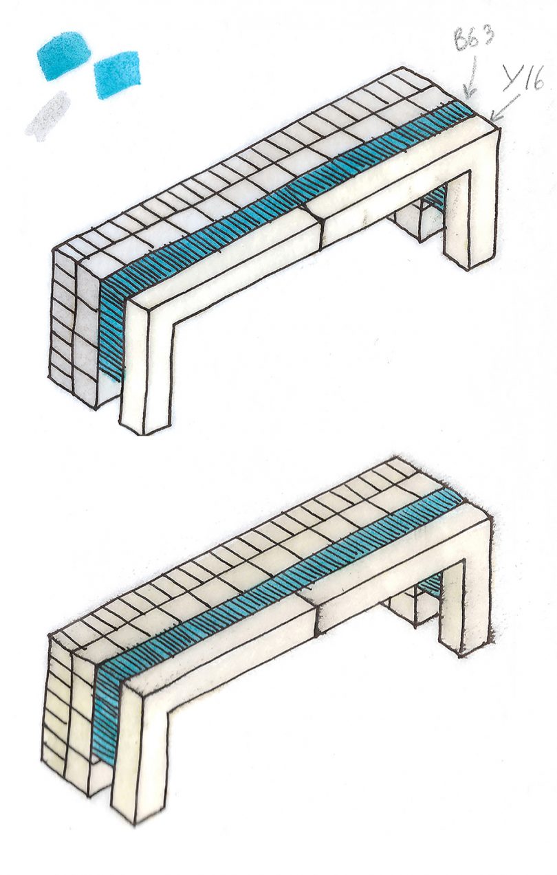 sketches of modern white, teal, and lilac bench