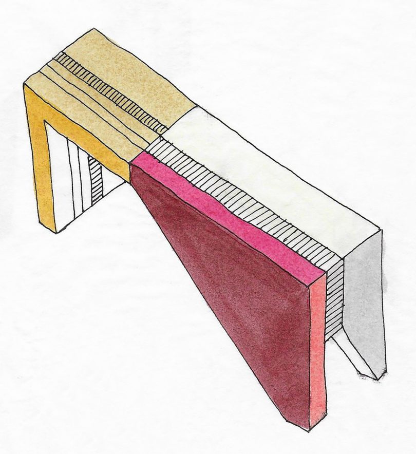 sketch of modern yellow, red, and light grey bench