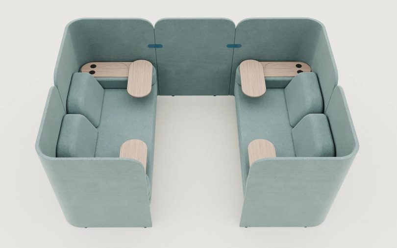 overhead image of seafoam colored office lounge booths