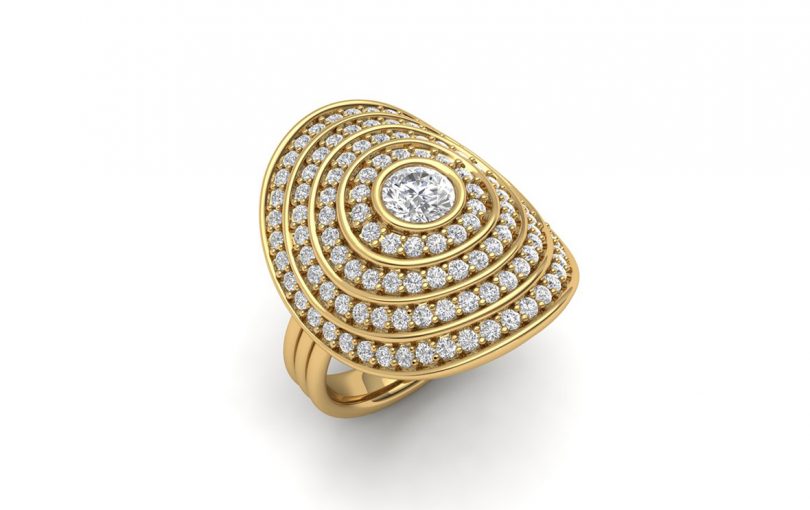 gold ring with concentric circles of diamonds