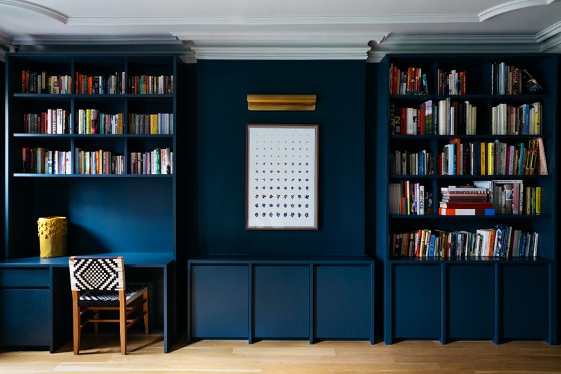 dark blue shelves filled with books