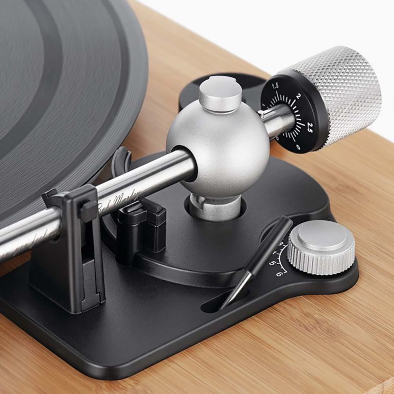 Detail of tone arm and counterbalance of the Stir It Up Wireless turntable.
