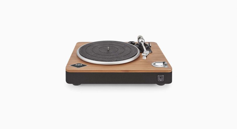Front angled view of Stir It Up Wireless turntable, with bamboo top and black base.