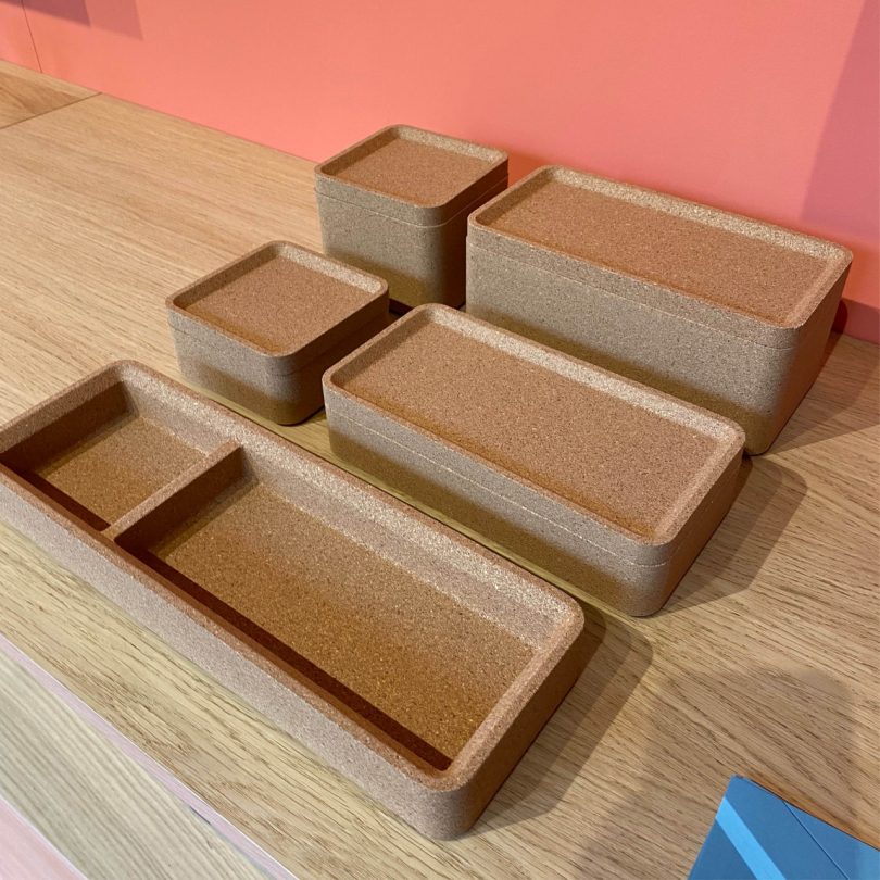 series of minimal cork trays and boxes on a table