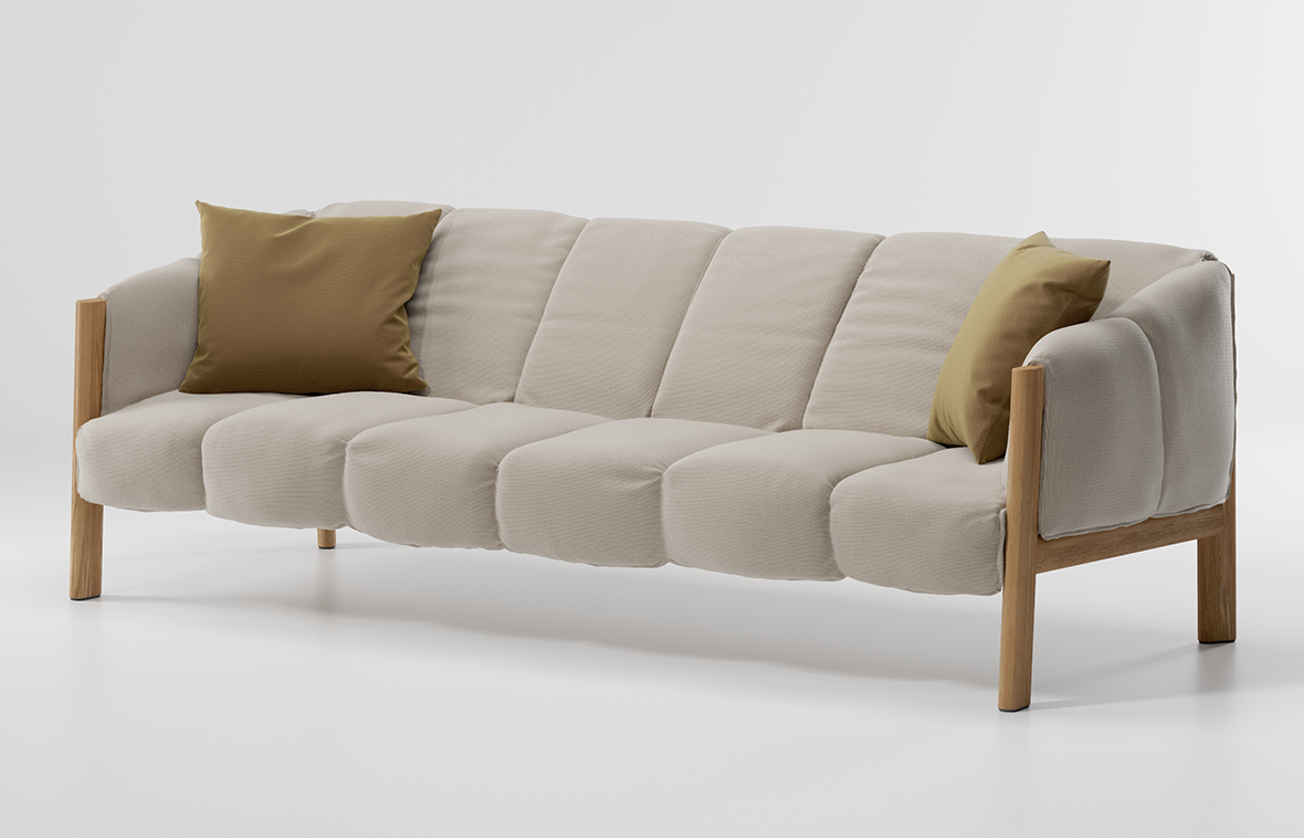 neutral colored upholstered sofa on white background