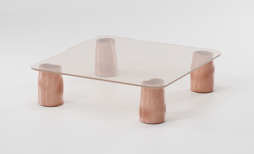 coffee table with sculpted pink legs and square glass top