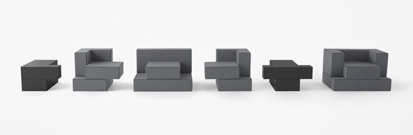 collection of blocky furniture on white background