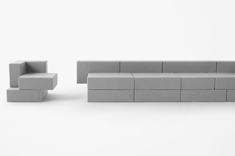 blocky grey sofa and chair on white background