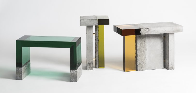 three concrete and resin tables on a white background