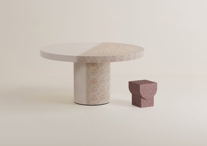 round table and geometric stool