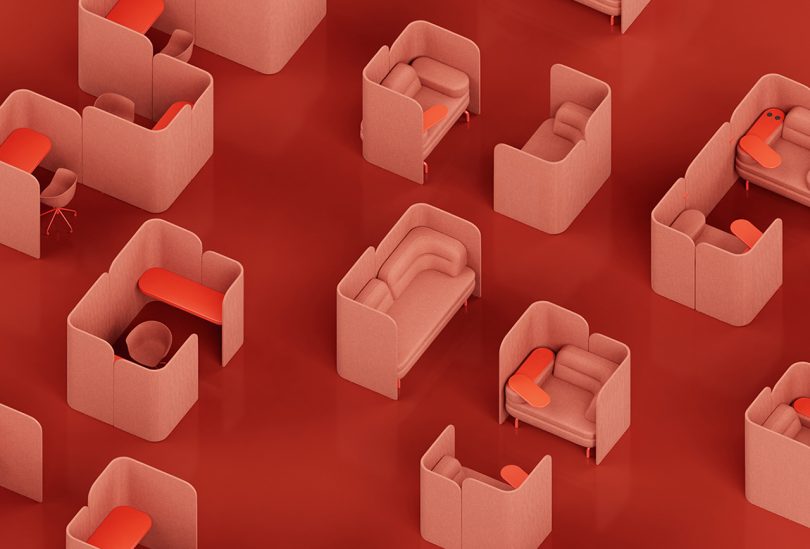 collage of coral colored modular office furniture against a matching background