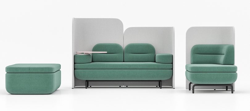 turquoise modular office sofa and space divider on white background