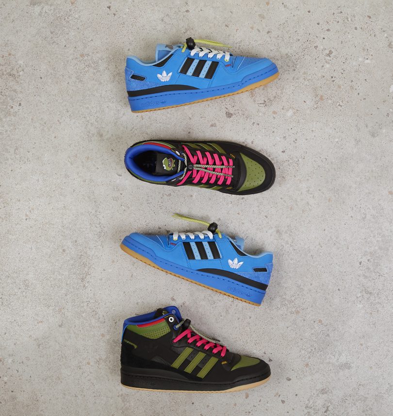 Adidas Hebru Brantley sneakers on floor, bright blue low tops with black and dark green hi-tops.