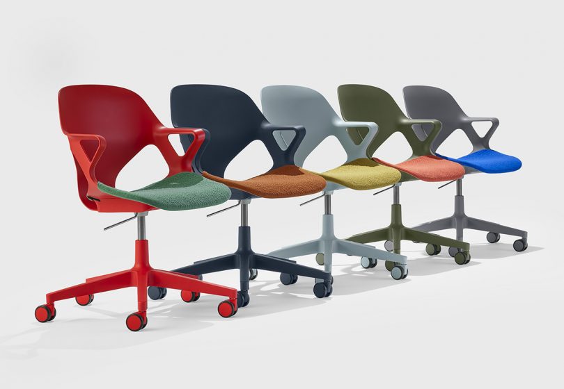 Colorful lineup of Zeph chairs staged at an angle showcasing various color combinations.