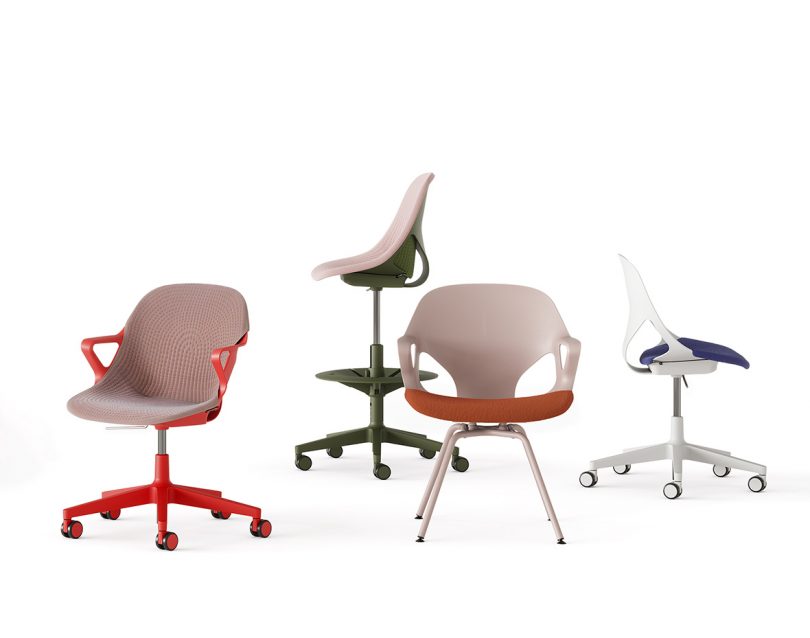 Four different configurations of Zeph chair, including caster wheel, stool-height adjustable and fixed leg editions.
